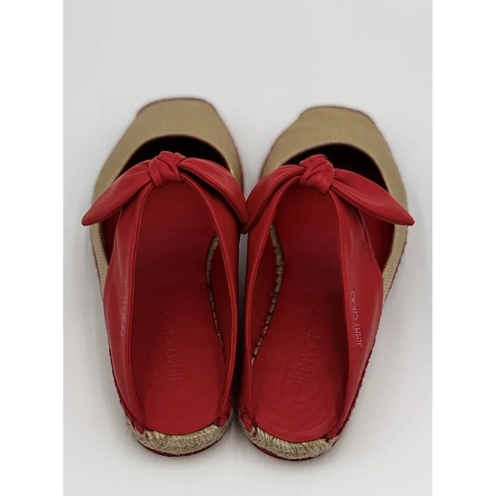 Jimmy Choo Reka Red Leather Bow and Raffia espadrille Slides EU 37 Made In Spain